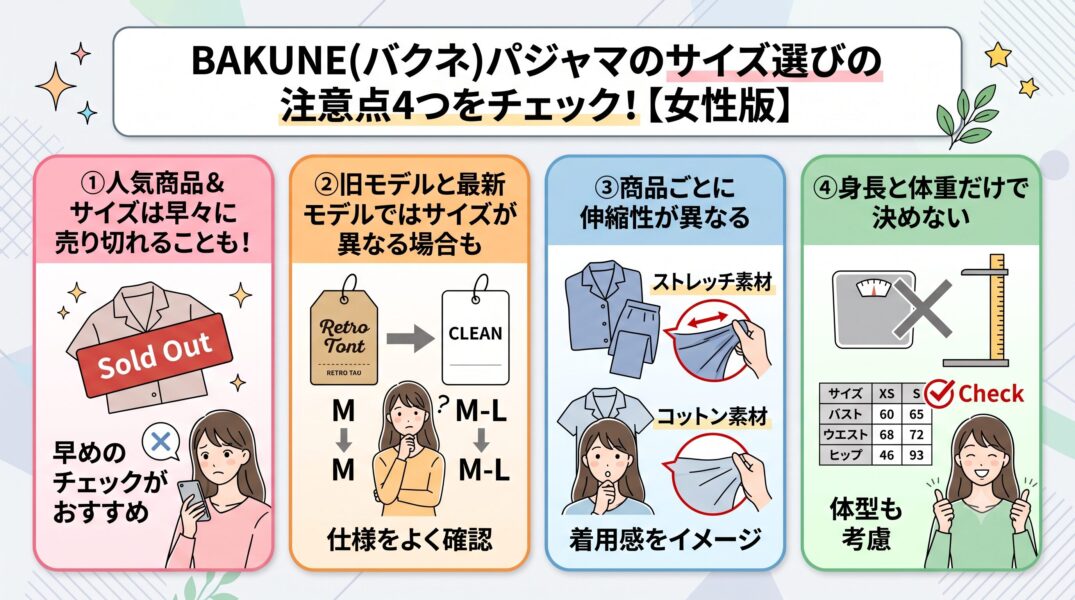 BAKUNE(バクネ)レディースパジャマのサイズ感を女性の体型＆商品別にご